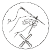 Illustration of a hand holding a needle and thread with scissors on a beige background