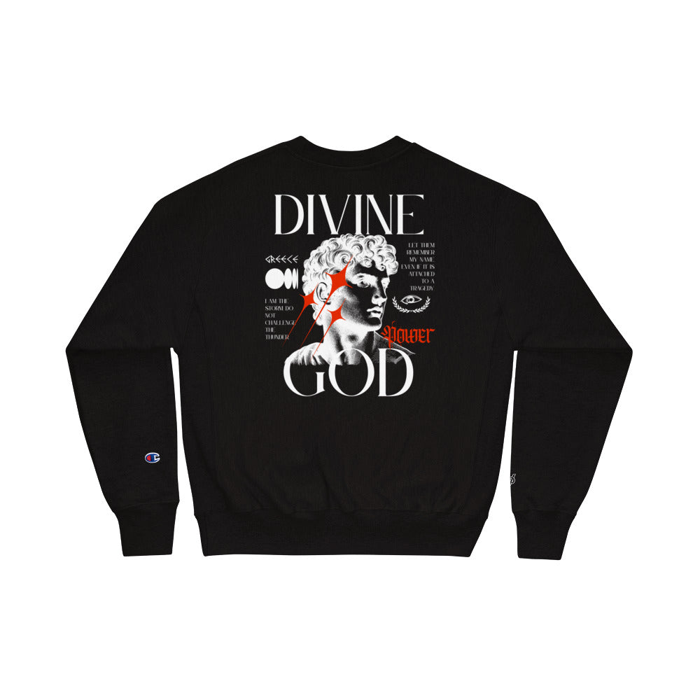 Black graphic sweatshirt with 'Divine God' print, classical statue design, and red accents for modern streetwear style - Celovisual product image