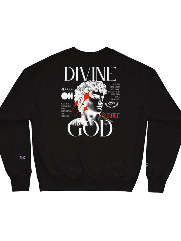Black graphic sweatshirt with 'Divine God' print, classical statue design, and red accents for modern streetwear style - Celovisual graphic streetwear