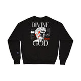 Black graphic sweatshirt with 'Divine God' print, classical statue design, and red accents for modern streetwear style