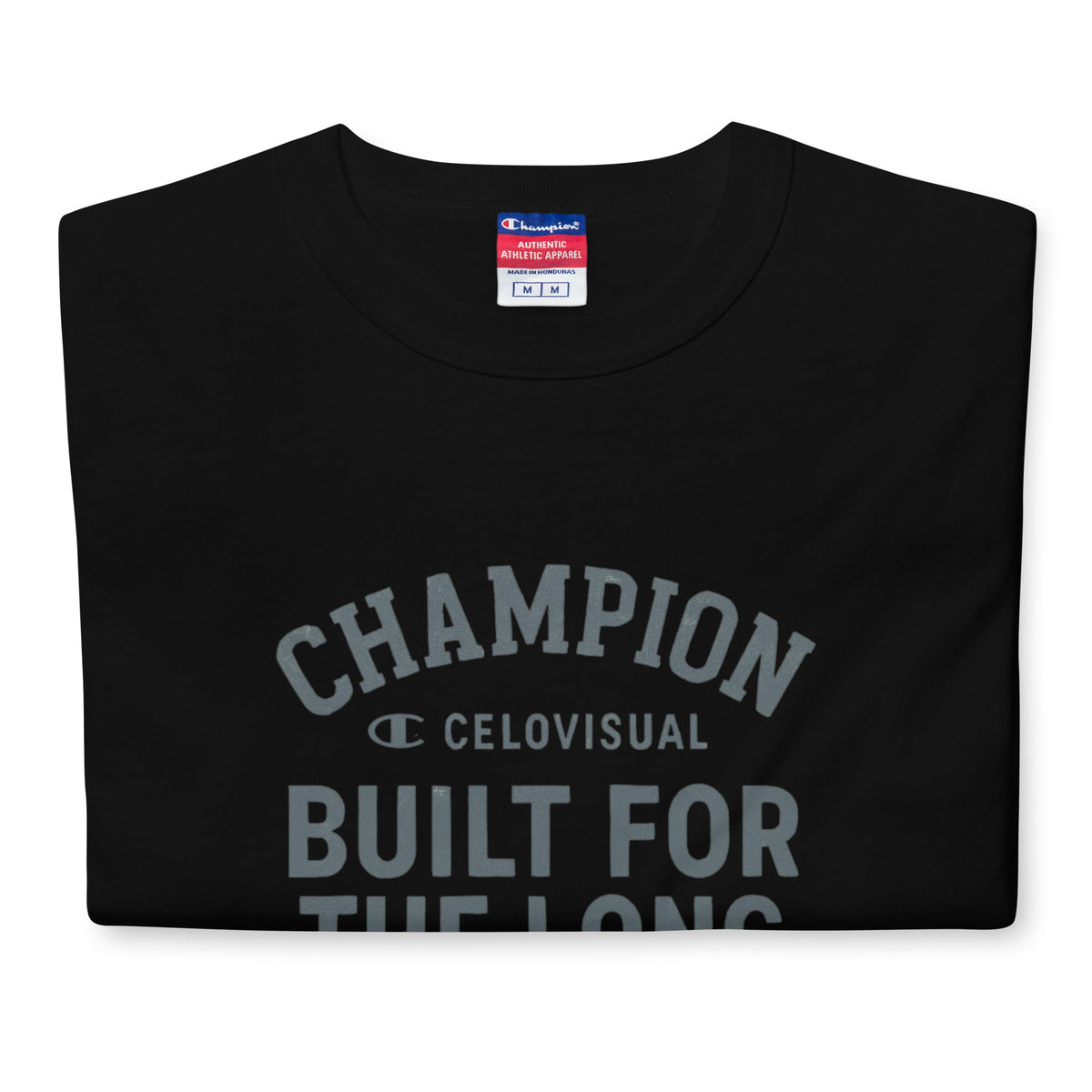 Black t-shirt with Champion branding on a white background