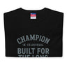 Black t-shirt with Champion branding on a white background