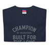 Folded navy blue t-shirt with Champion logo and text on a white background