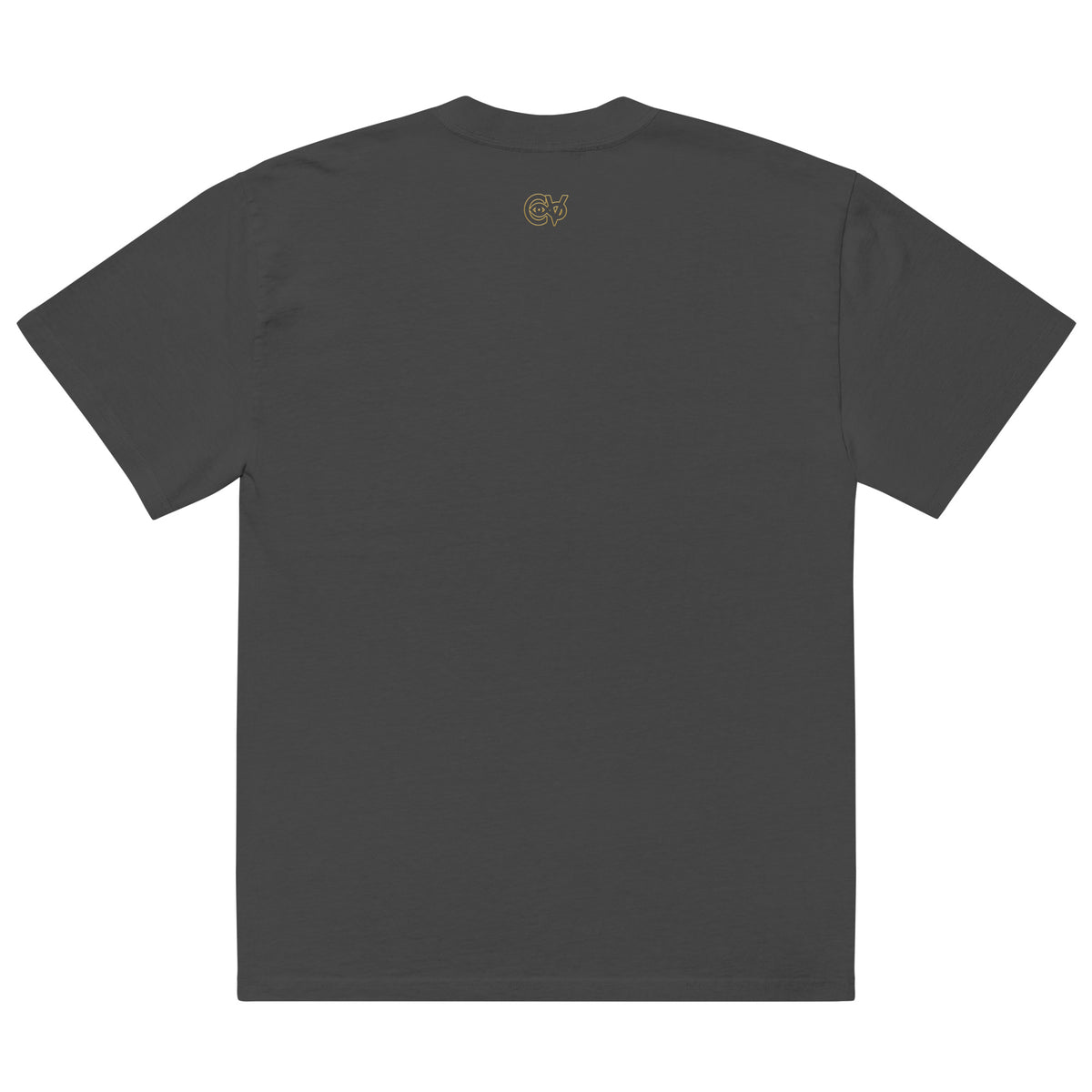 Black t-shirt with a brand logo on the back against a white background