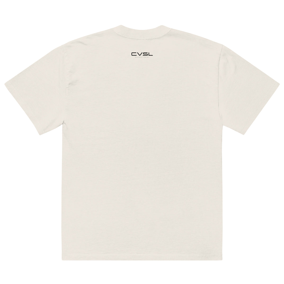 White t-shirt with a red logo on the back against a white background