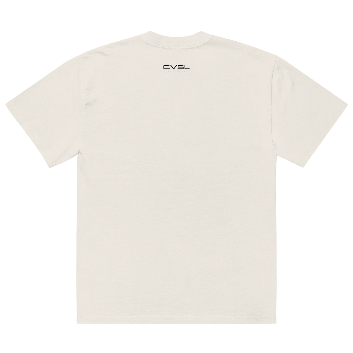 White t-shirt with a red logo on the back against a white background