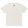 White t-shirt with a red logo on the back against a white background