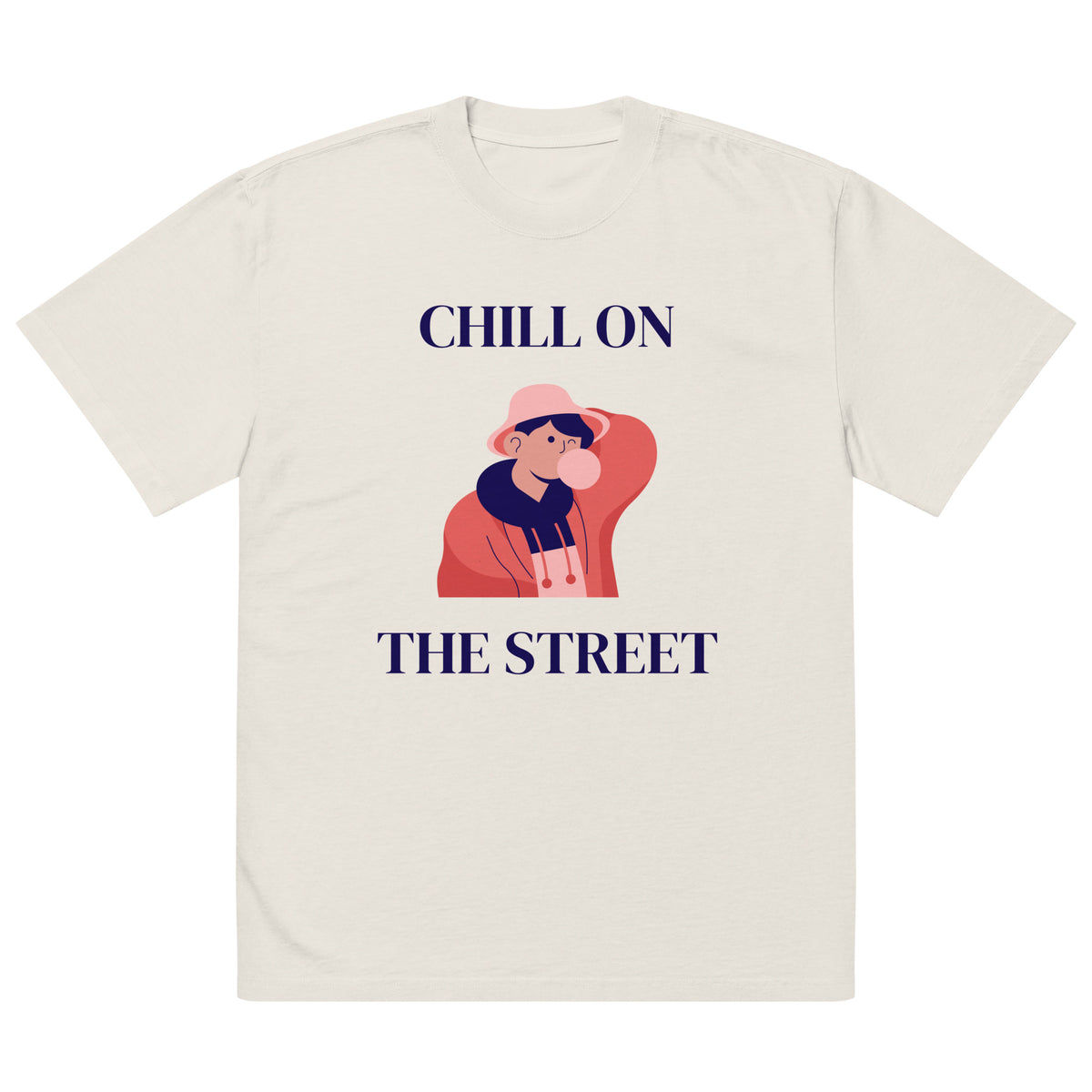 White t-shirt with a graphic of a person chilling on the street and text 'Chill on the Street' on a white background