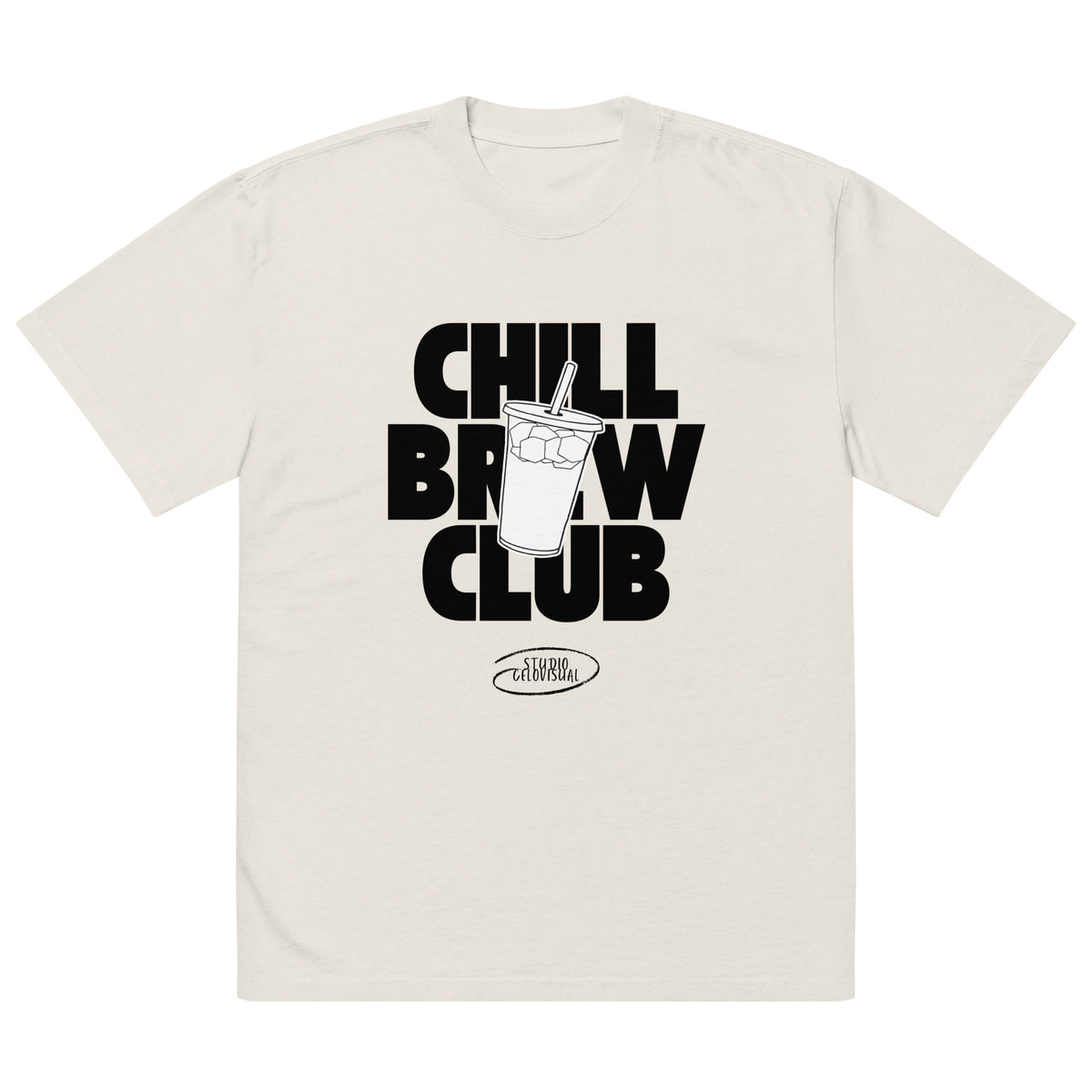Beige t-shirt with 'Chill Brew Club' graphic and logo on a white background