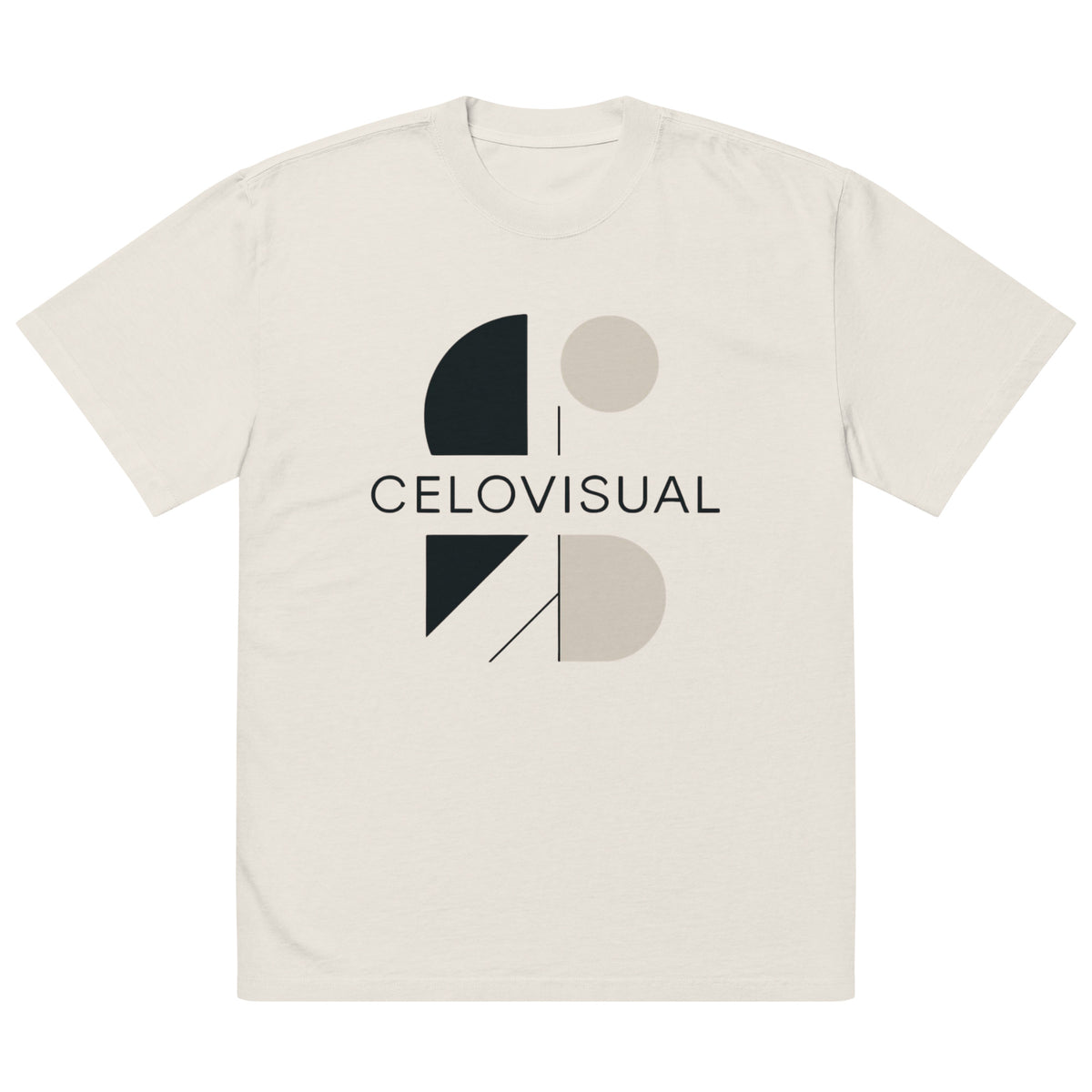 Beige t-shirt with geometric design and 'CELIOVISUAL' text on a white background