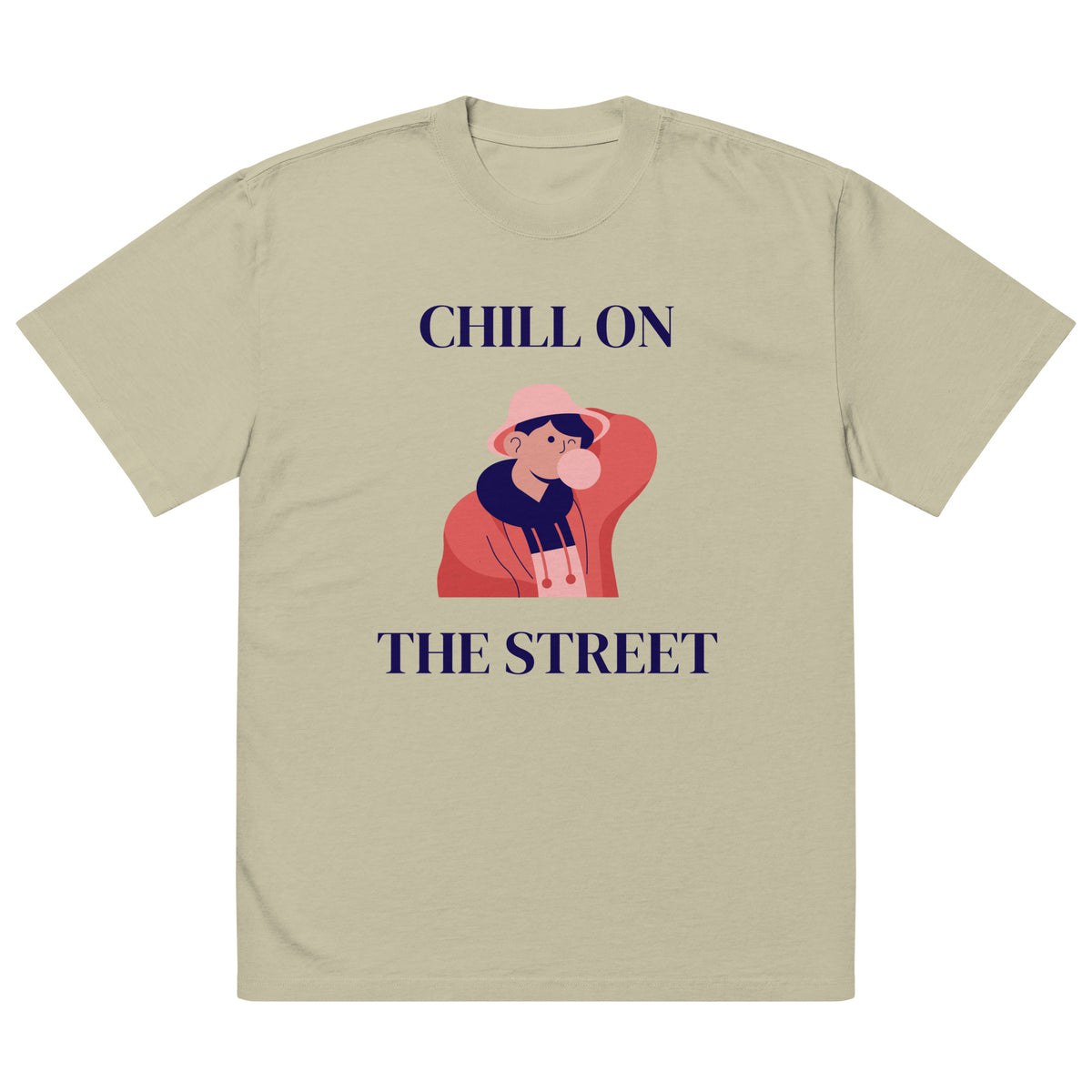 Beige t-shirt with a graphic of a person sitting and text 'Chill on the Street' on a white background