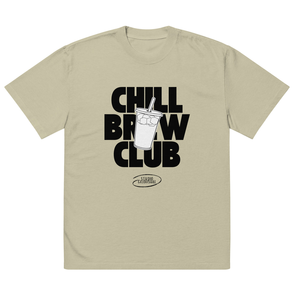 Beige t-shirt with 'Chill Brew Club' graphic and logo on a white background