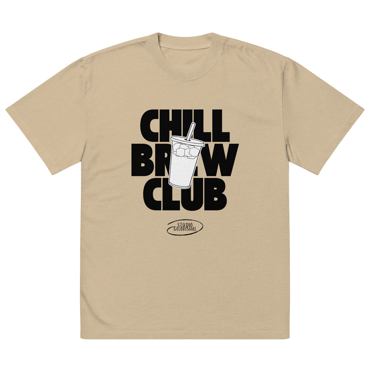 Beige t-shirt with 'Chill Brew Club' graphic and logo on a white background