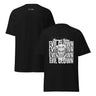 Maroon t-shirt with a graphic design on the front, shown from both front and back views.