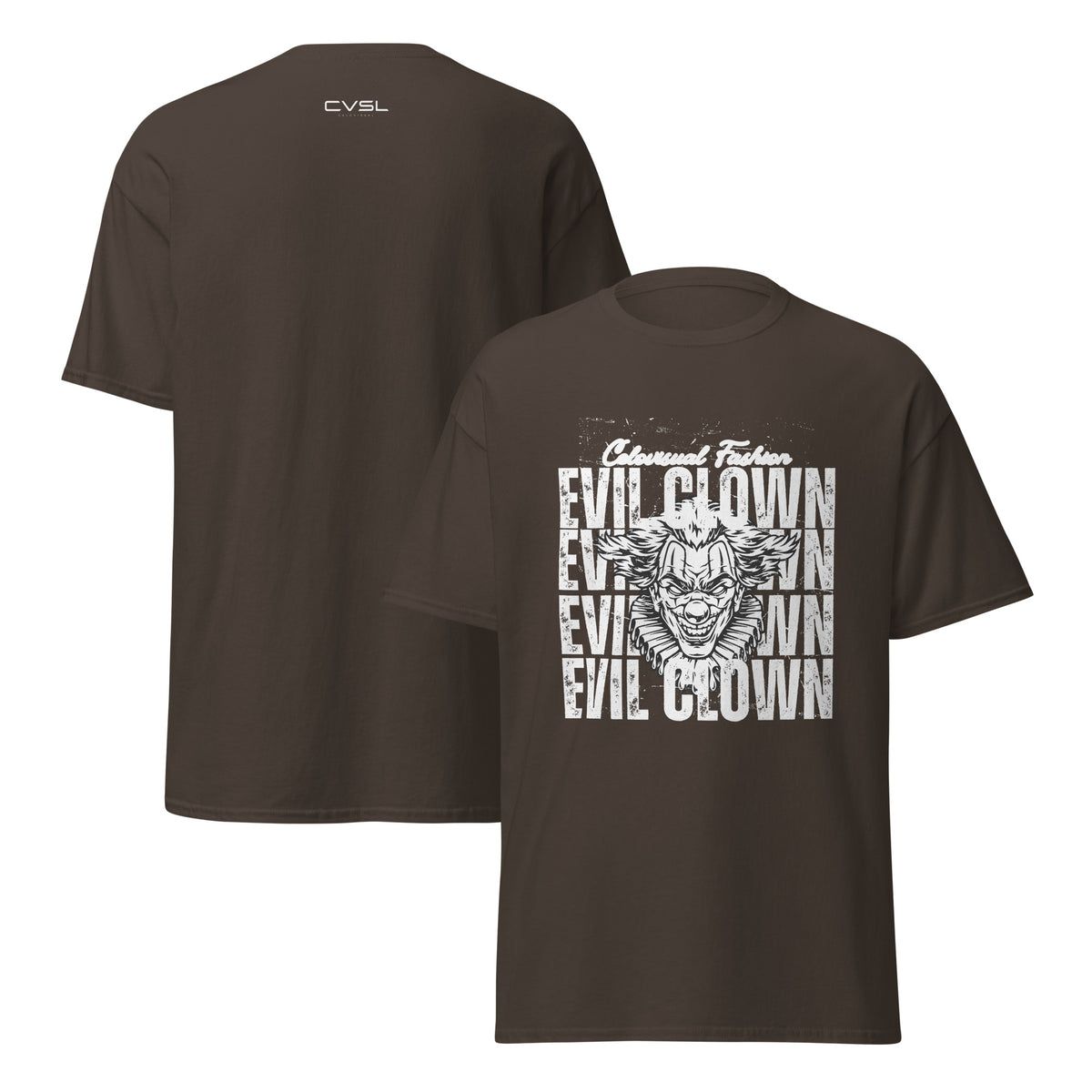 Black t-shirt with 'Evil Clown' graphic design on a white background