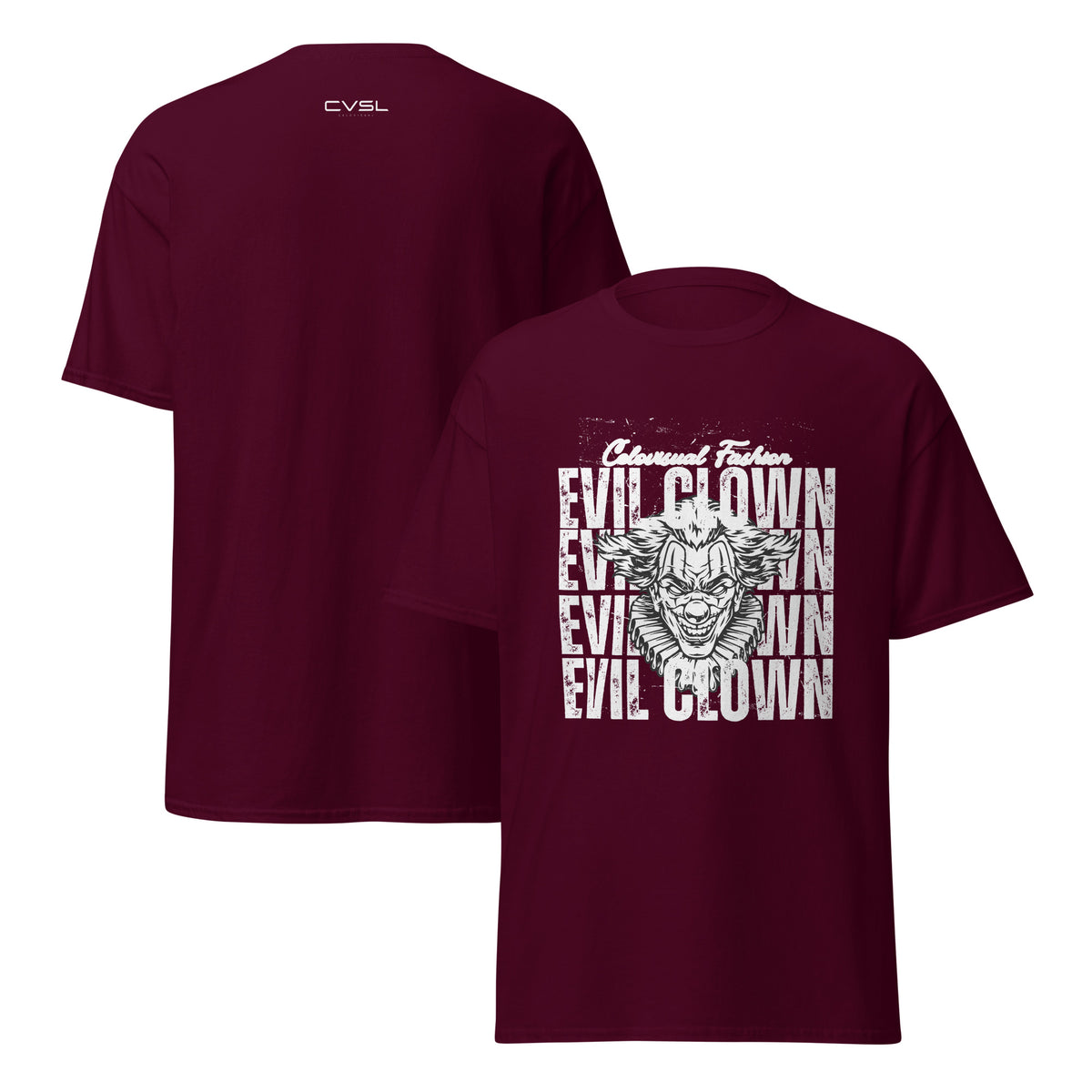 Maroon t-shirt with 'Evil Clown' graphic design on a white background