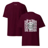 Maroon t-shirt with 'Evil Clown' graphic design on a white background