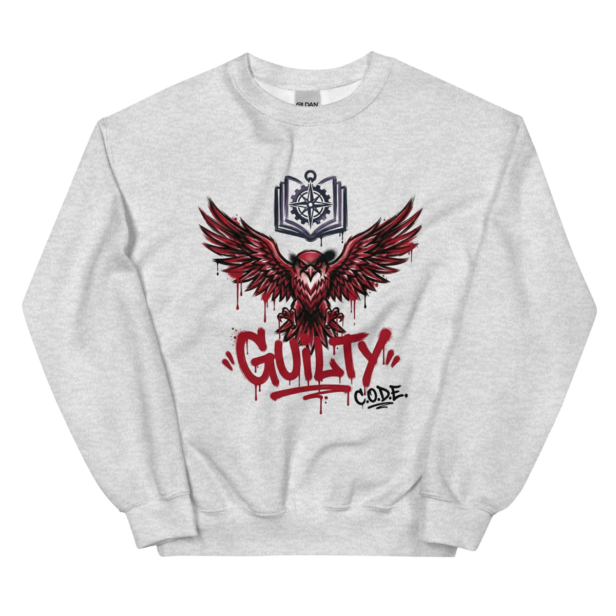 Gray sweatshirt with red eagle graphic and 'Guilty Code' text on a white background