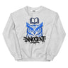 Gray sweatshirt with blue owl graphic and 'INNOCENT' text on a white background