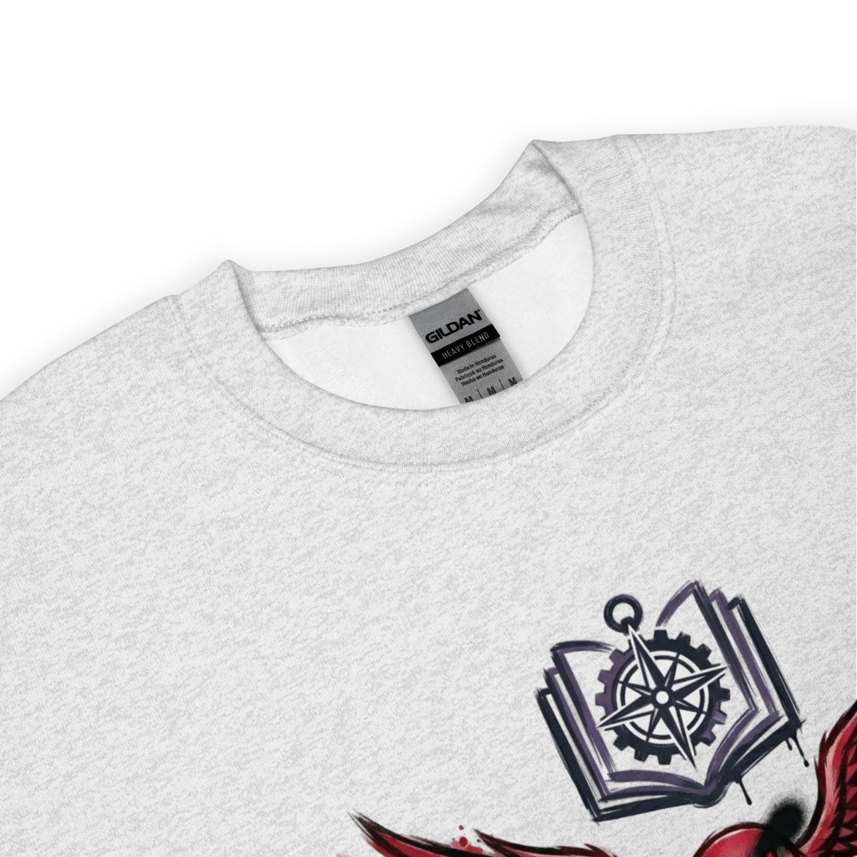 Gray sweatshirt with a graphic design on the chest, featuring a compass and other elements.