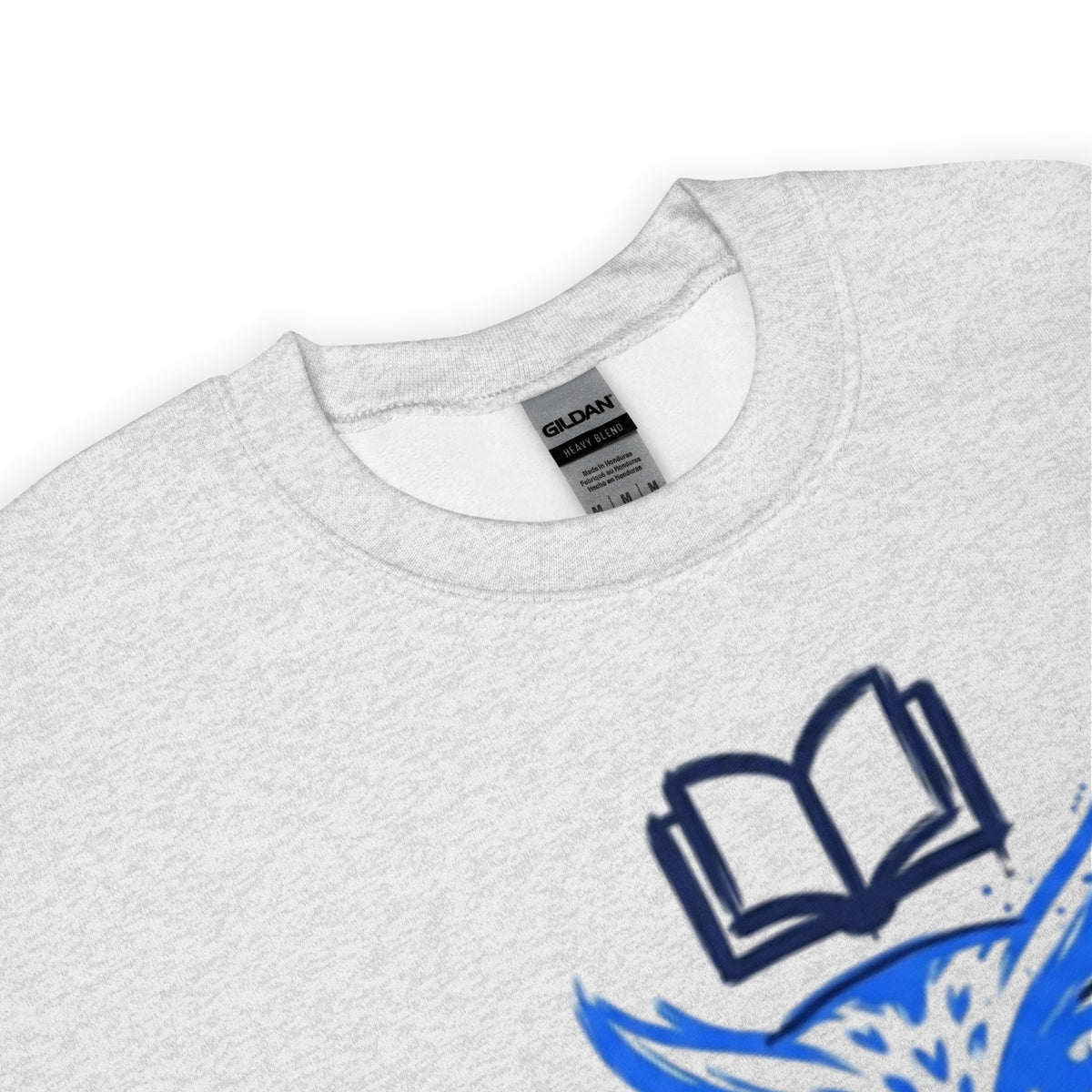 Gray sweatshirt with a book graphic and Gildan label on a white background