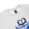 Gray sweatshirt with a book graphic and Gildan label on a white background