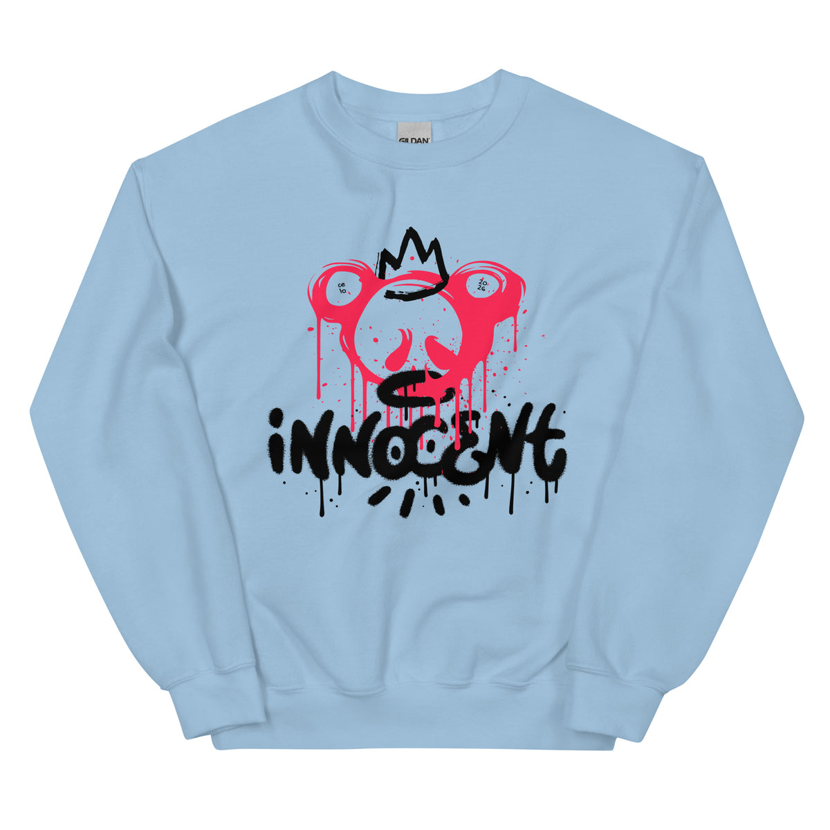 Light blue sweatshirt with a graphic design and the word 'INNOCENT' on a white background