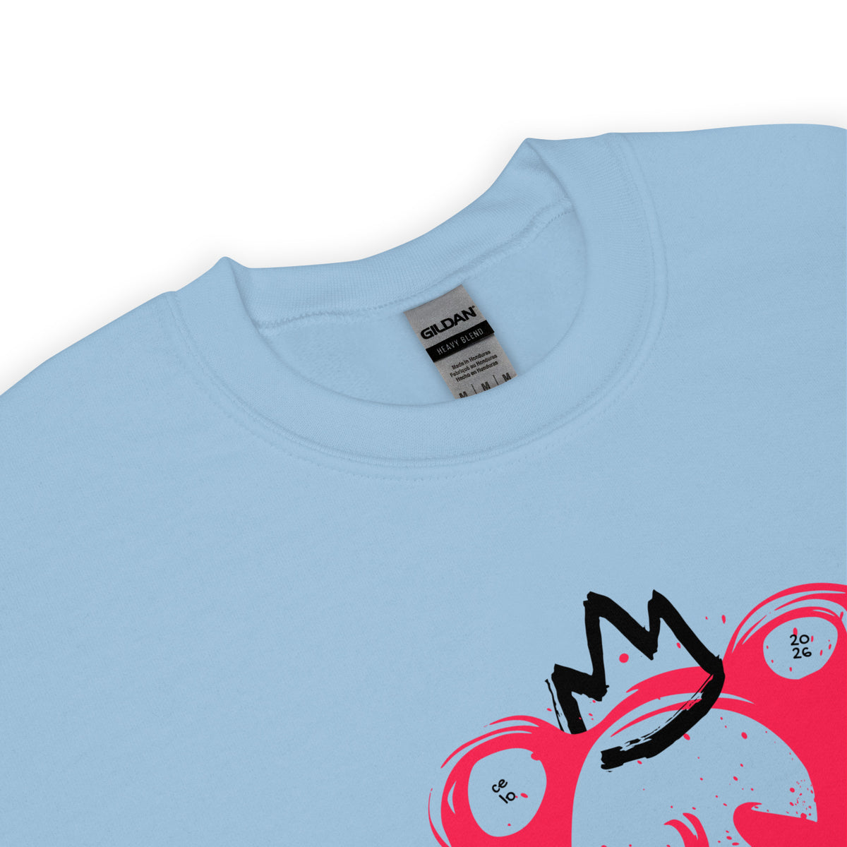 Light blue t-shirt with a red and black graphic design on a white background