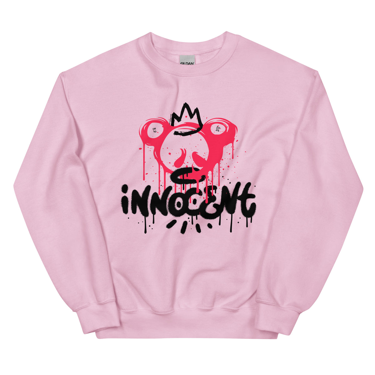 Pink sweatshirt with a graphic design and the word 'INNOCENT' on a white background