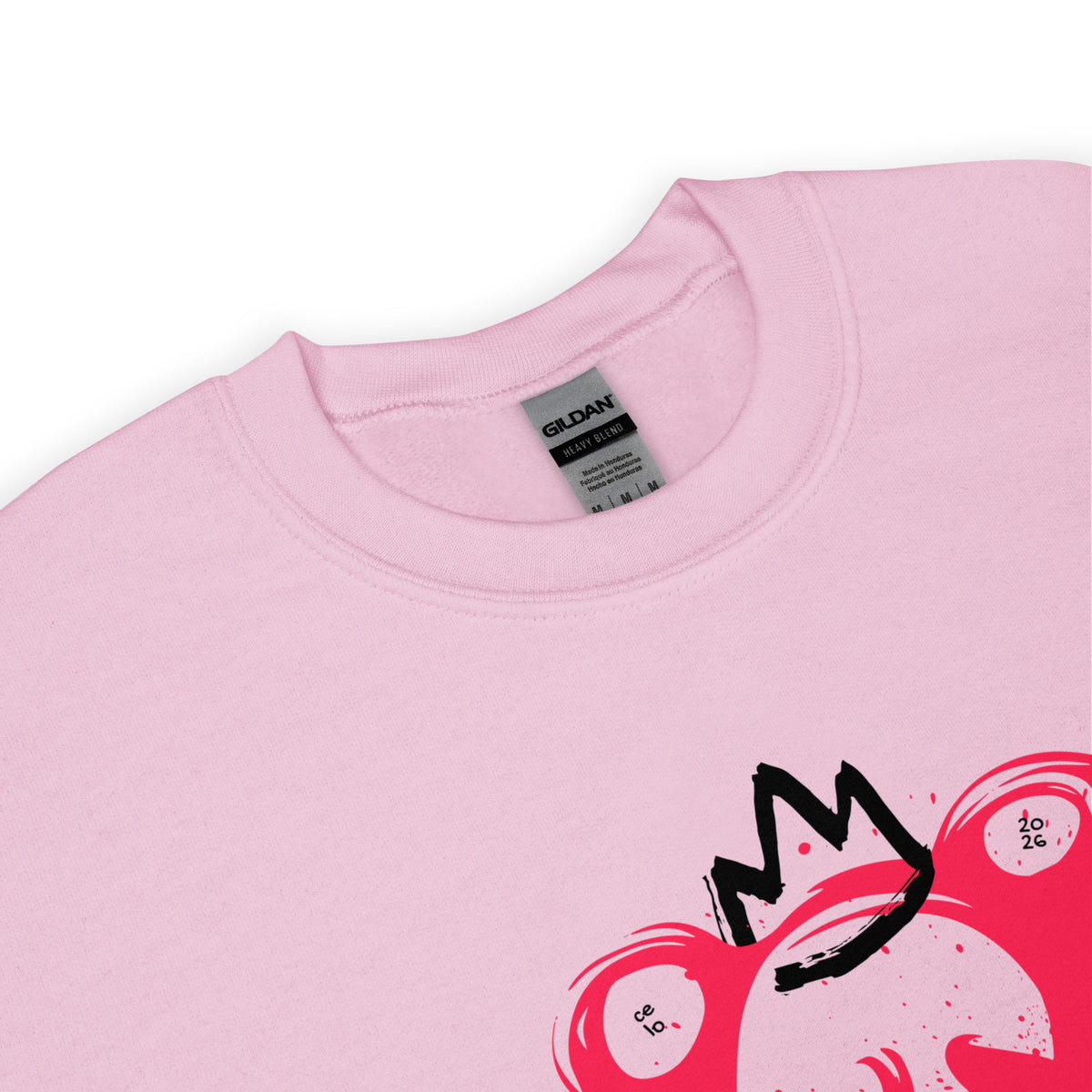 Pink sweatshirt with a black crown design on a white background