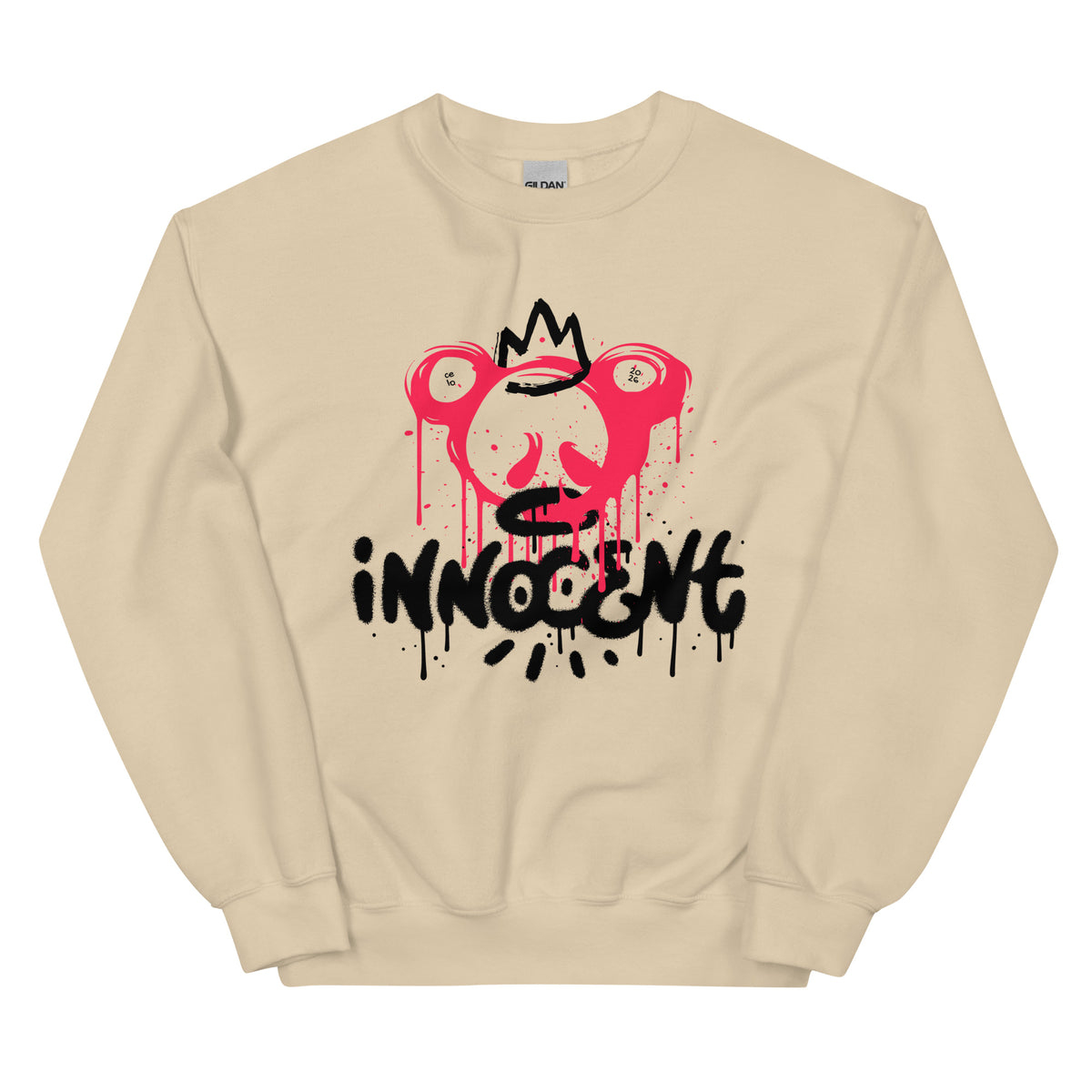Beige sweatshirt with a graphic design and the word 'INNOCENT' on a white background