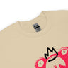 Beige t-shirt with a pink and black graphic design on a white background