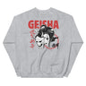 Gray sweatshirt with Japanese-themed design and 'GEISHA' text on a white background