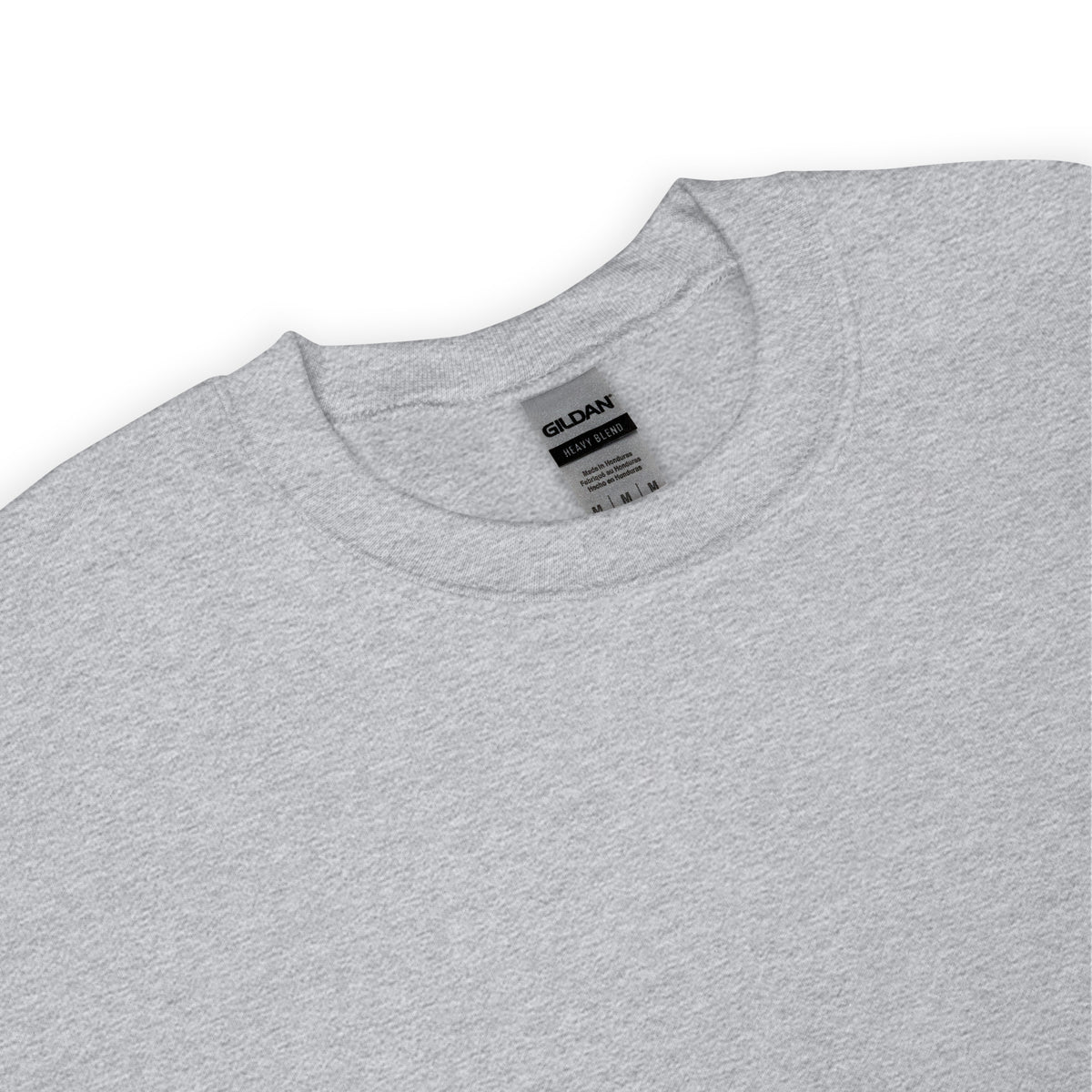 Gray t-shirt with a Gildan label on a white background