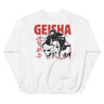 White sweatshirt with Geisha design and text on a white background