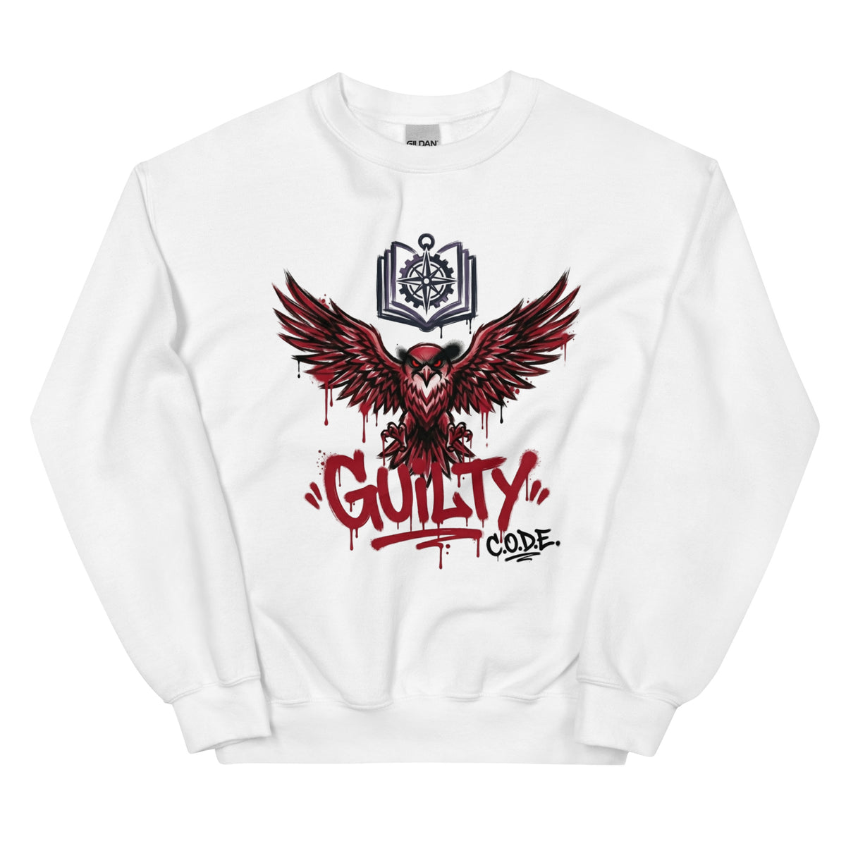 White sweatshirt with red eagle design and 'Guilty Code' text on a white background
