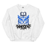 White sweatshirt with blue owl graphic and 'INNOCENT' text on a white background