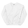 White sweatshirt with text on sleeves against a white background