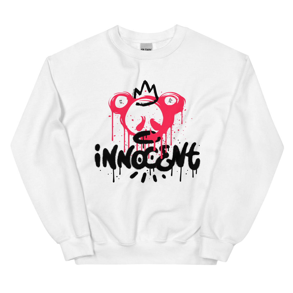 White sweatshirt with a graphic design and the word 'INNOCENT' on a white background
