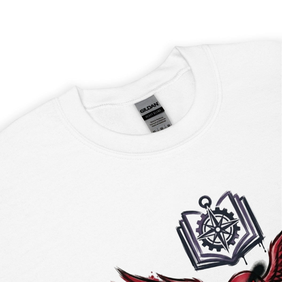 White t-shirt with a graphic design featuring a compass and book on a white background