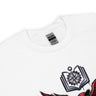 White t-shirt with a graphic design featuring a compass and book on a white background