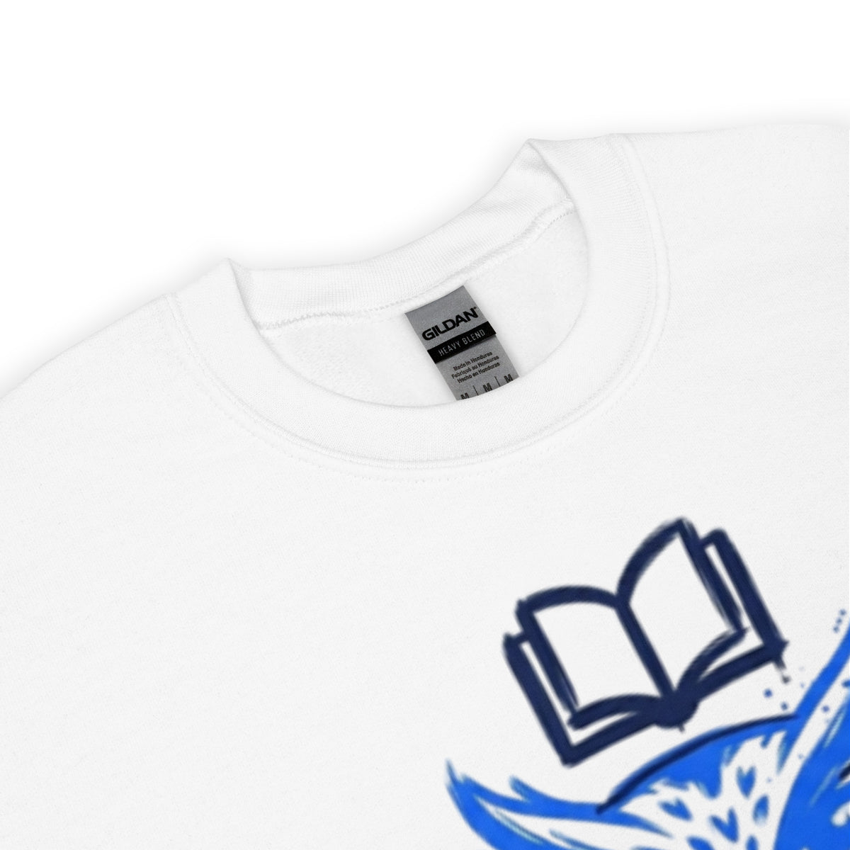 White t-shirt with blue graphic design on a white background