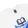White t-shirt with blue graphic design on a white background