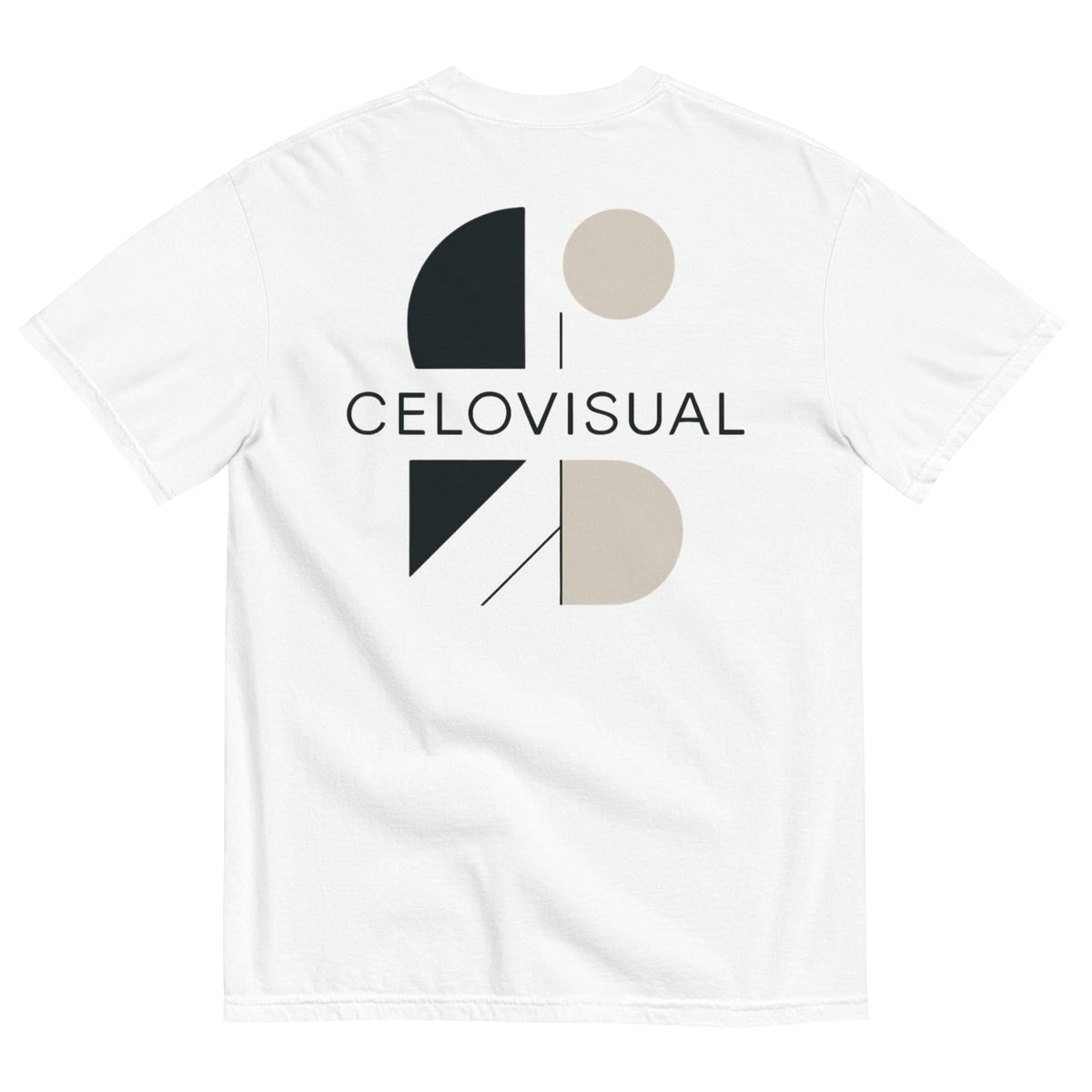 White t-shirt with black and beige geometric design and 'CELIOVISUAL' text on a white background