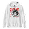 White hoodie with Geisha design and text on a white background