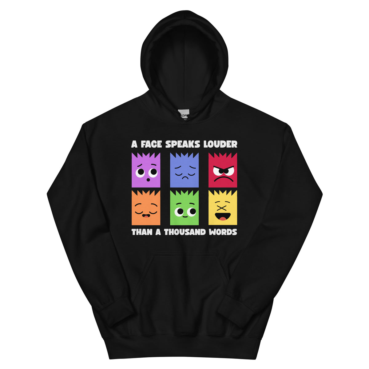 Black hoodie with colorful face表情 designs and text on a white background