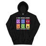 Black hoodie with colorful face表情 designs and text on a white background