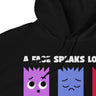 Black hoodie with cartoon faces and text 'A FACE SPEAKS LO' on a white background
