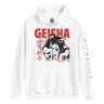 White hoodie with Geisha design and text on a white background