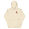 Beige hoodie with a colorful graphic on the chest against a white background